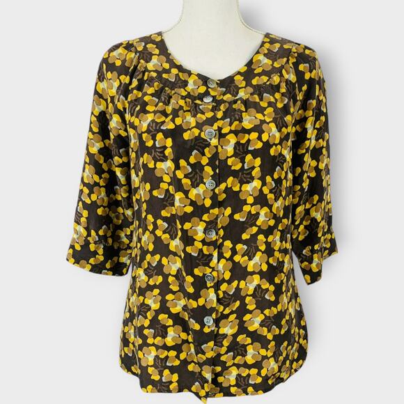 J. Jill 100% Silk Blouse 3/4 Sleeve Fall Button Down Brown Size Small Petite - Picture 1 of 8